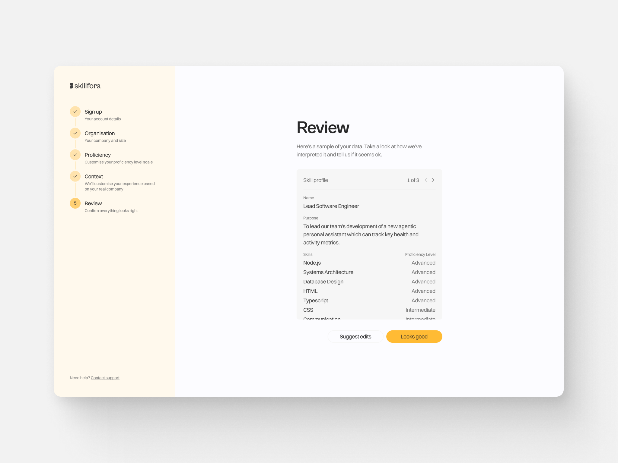 Onboarding step for skillfora