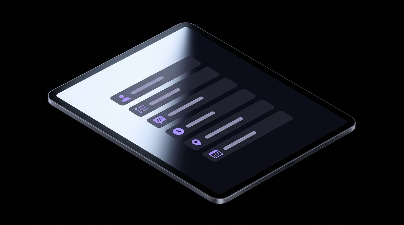 Tablet mostrando 6 filas con íconos distintos: a quién llamar, orden de sistemas, mensaje al equipo, tiempo de respuesta, dónde vive el plan y cuándo se actualiza