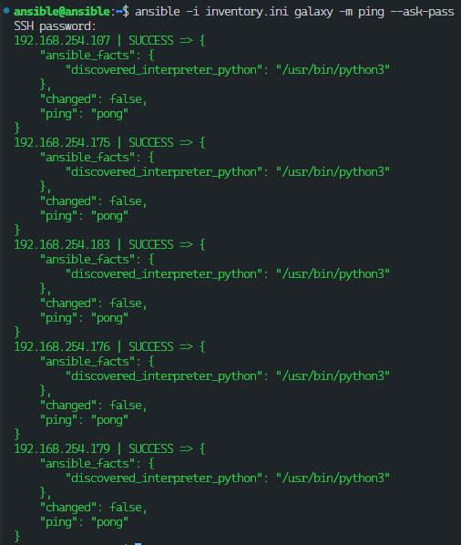 ansible -i inventory.ini galaxy -m ping --ask-pass