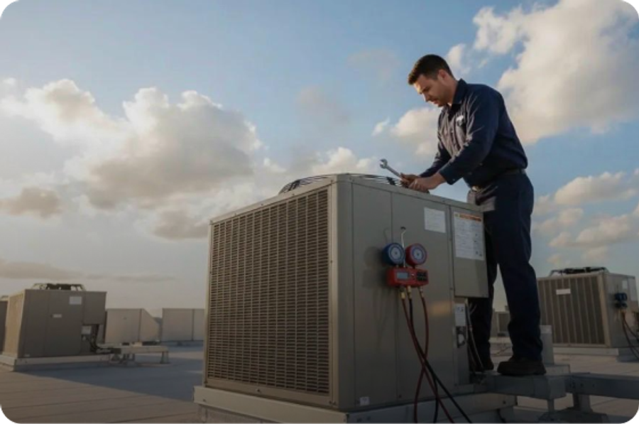 Technician connecting gauges to an outdoor AC condenser unit