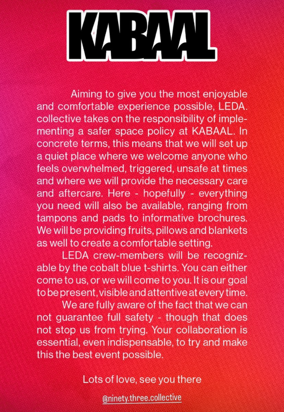 Safer space at Ninety Three Collective 