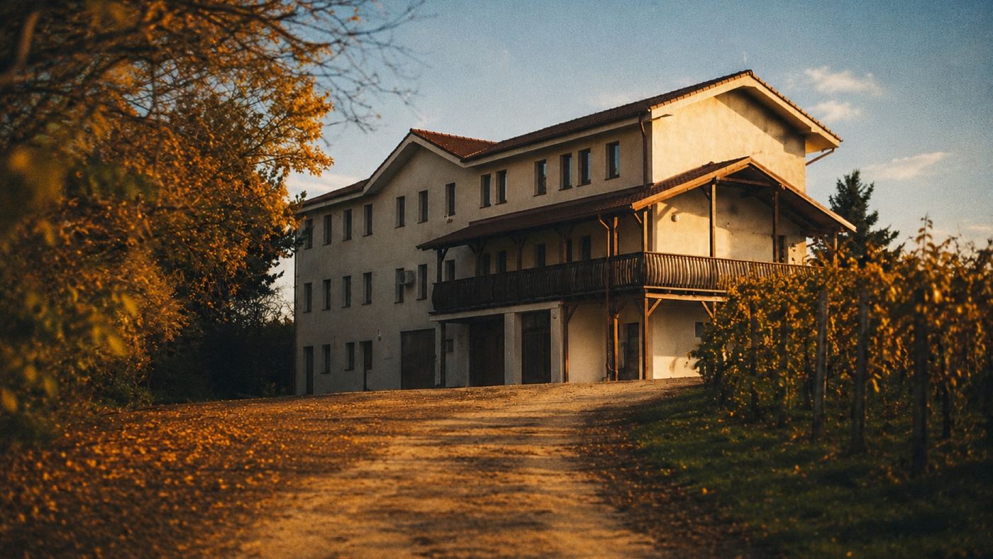 Budova vinárstva Vinum Vivo v Nevidzanoch za súmraku