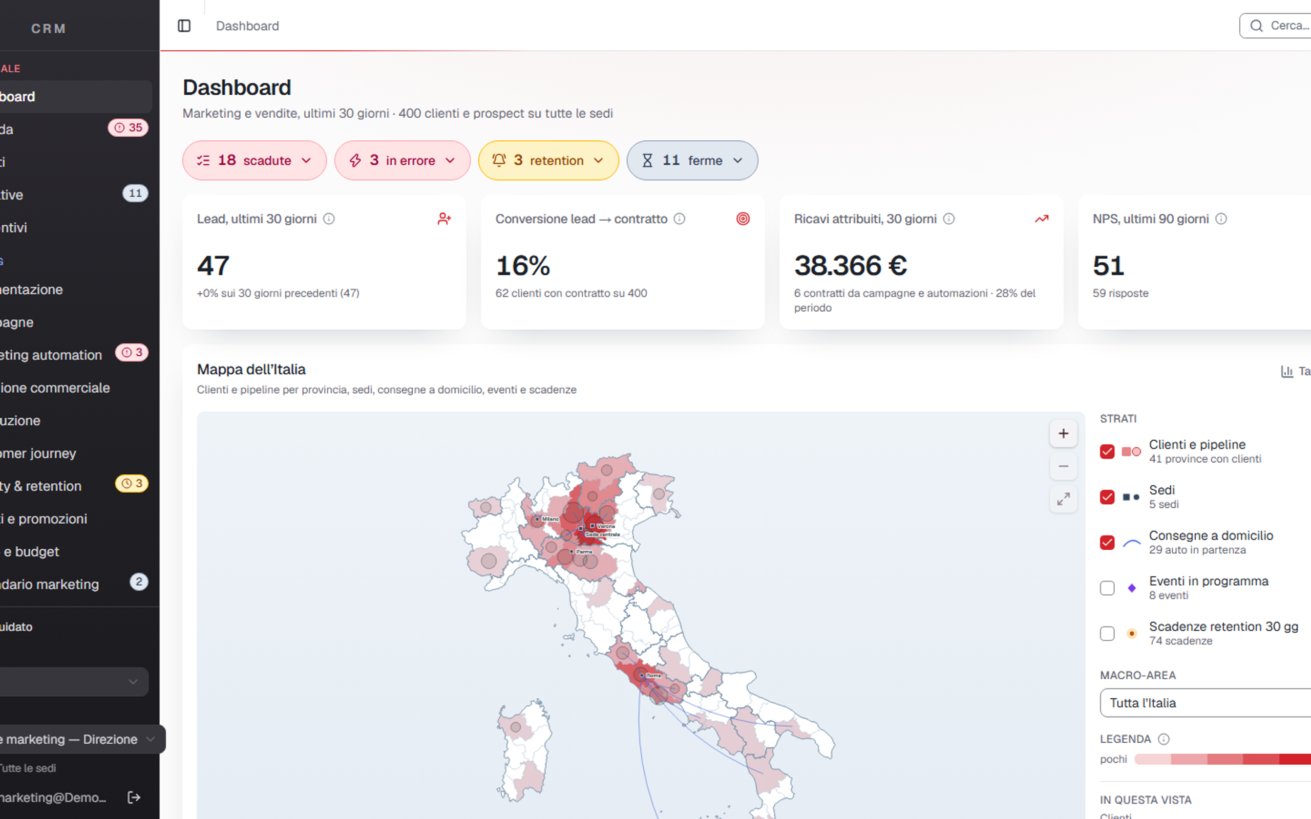 Dashboard del CRM concept con lead, conversioni, ricavi attribuiti e mappa dei clienti in Italia