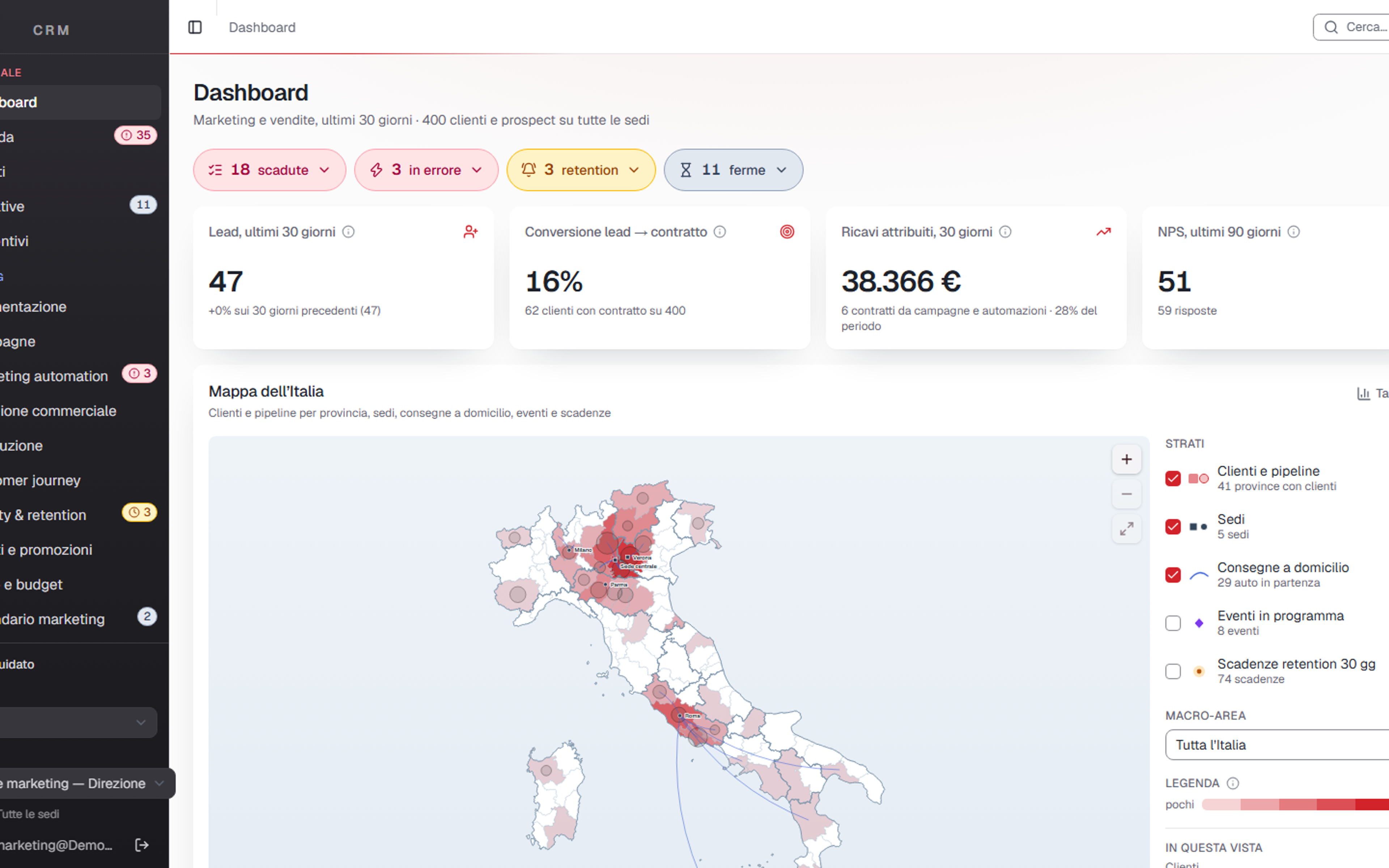 CRM concept dashboard with leads, conversions, attributed revenue and a map of customers in Italy