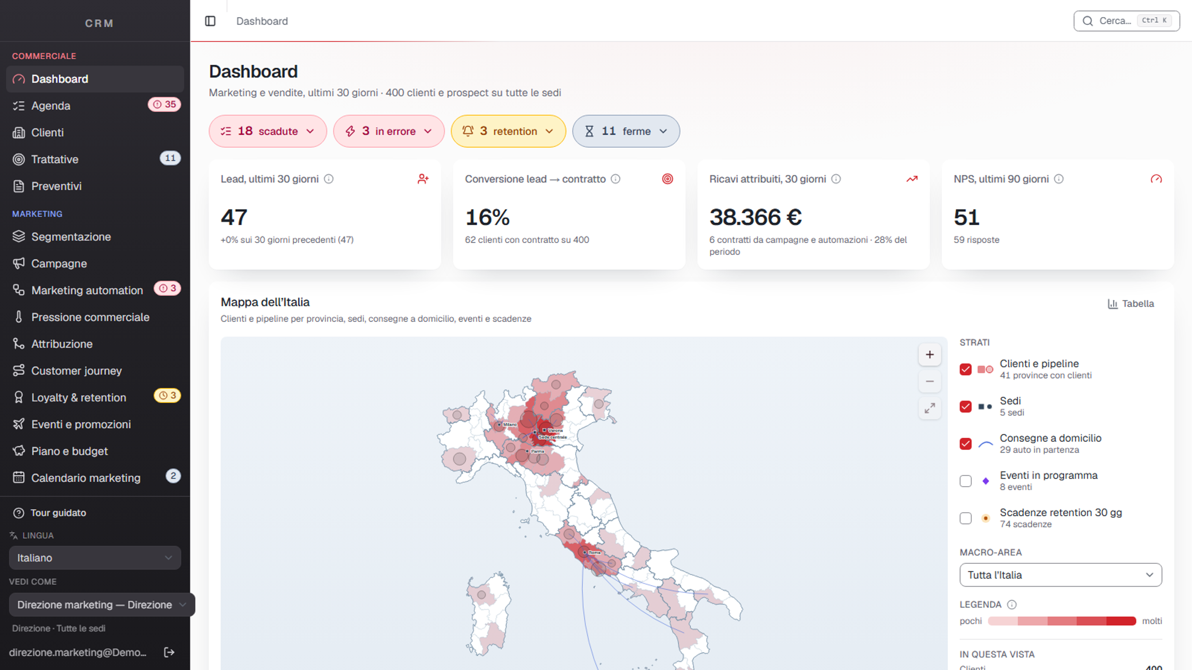 CRM concept dashboard with leads, conversions, attributed revenue and a map of customers in Italy