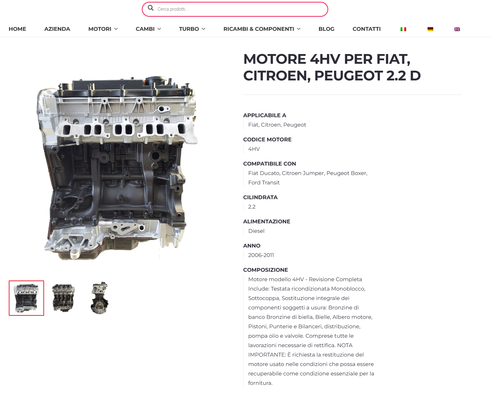 Product page on the new Turbomotori ecommerce site: 4HV engine for Fiat, Citroen and Peugeot with photos and technical data