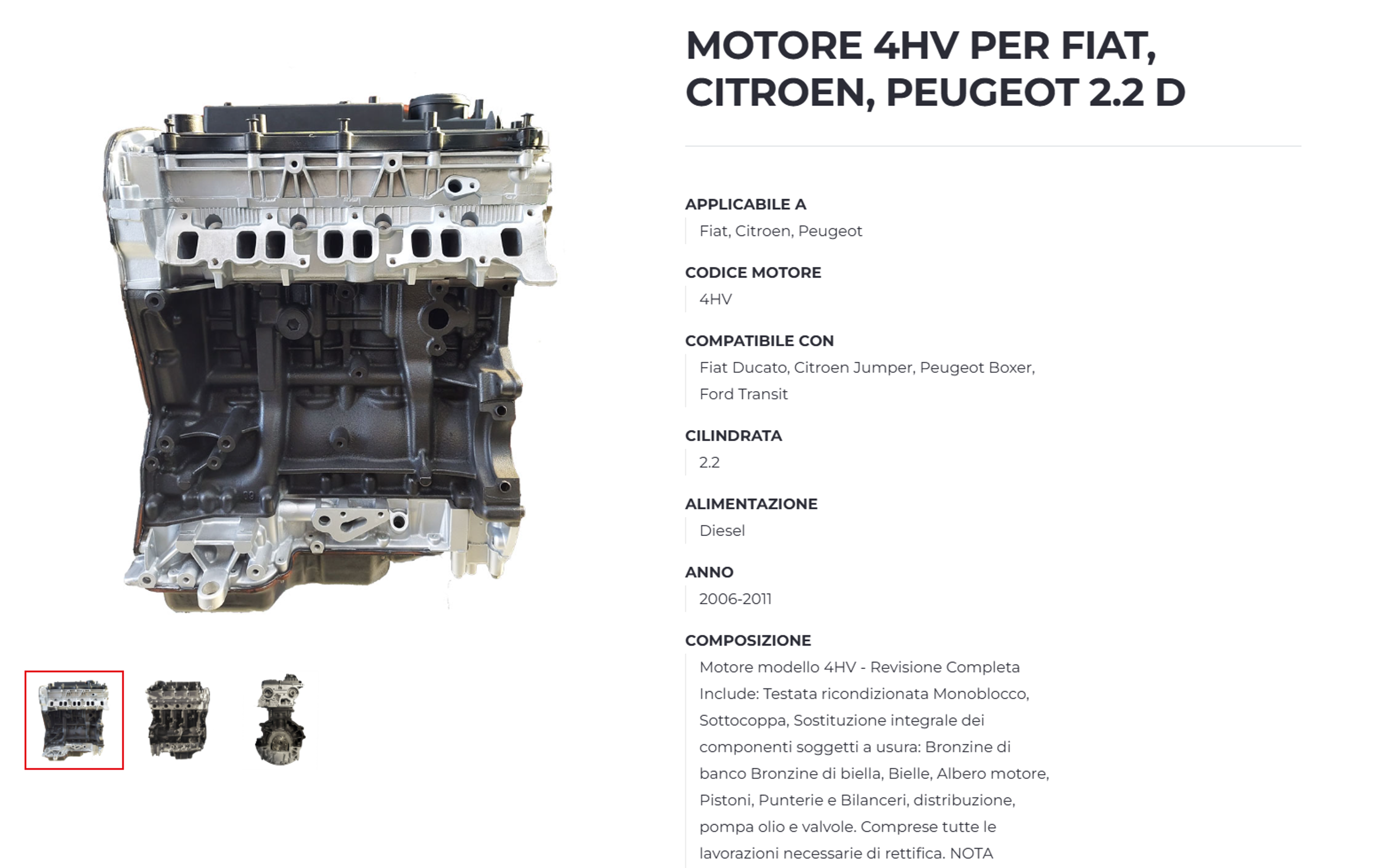 Scheda prodotto del nuovo ecommerce Turbomotori: motore 4HV per Fiat, Citroen e Peugeot con foto e dati tecnici