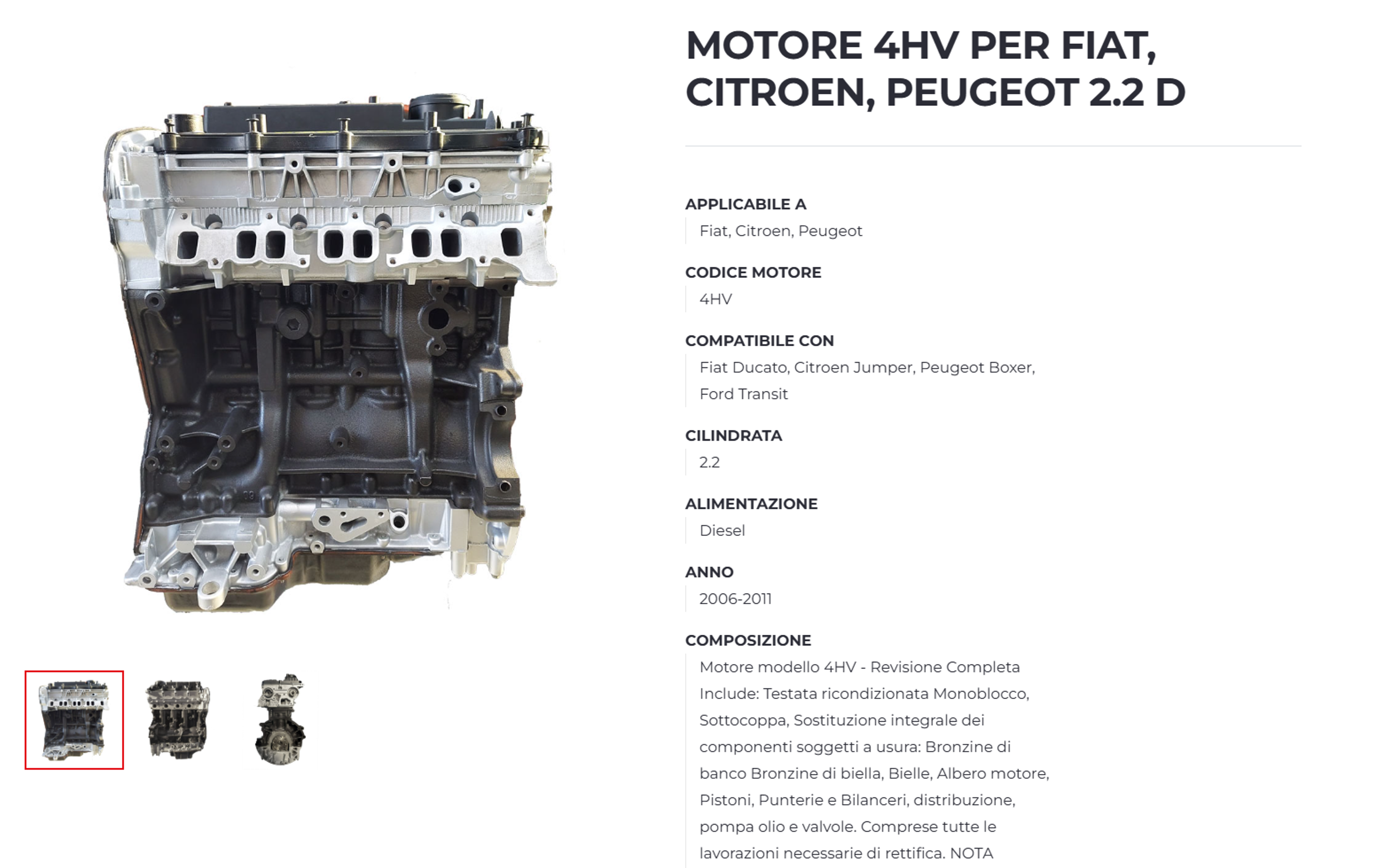 Product page on the new Turbomotori ecommerce site: 4HV engine for Fiat, Citroen and Peugeot with photos and technical data