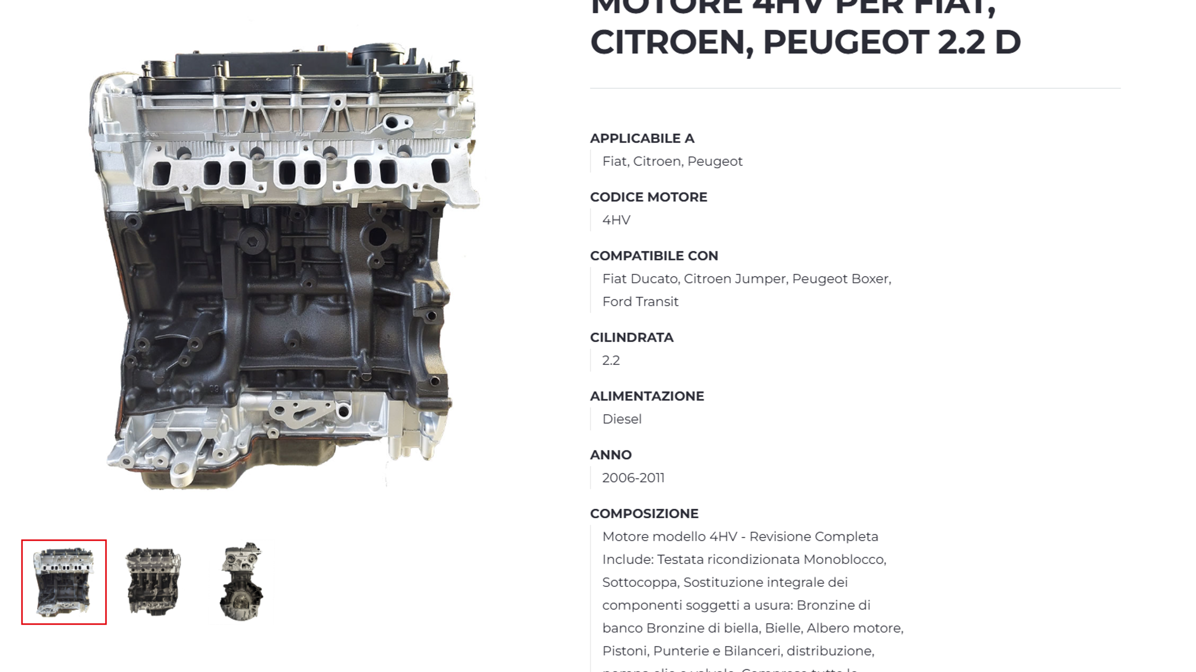 Product page on the new Turbomotori ecommerce site: 4HV engine for Fiat, Citroen and Peugeot with photos and technical data