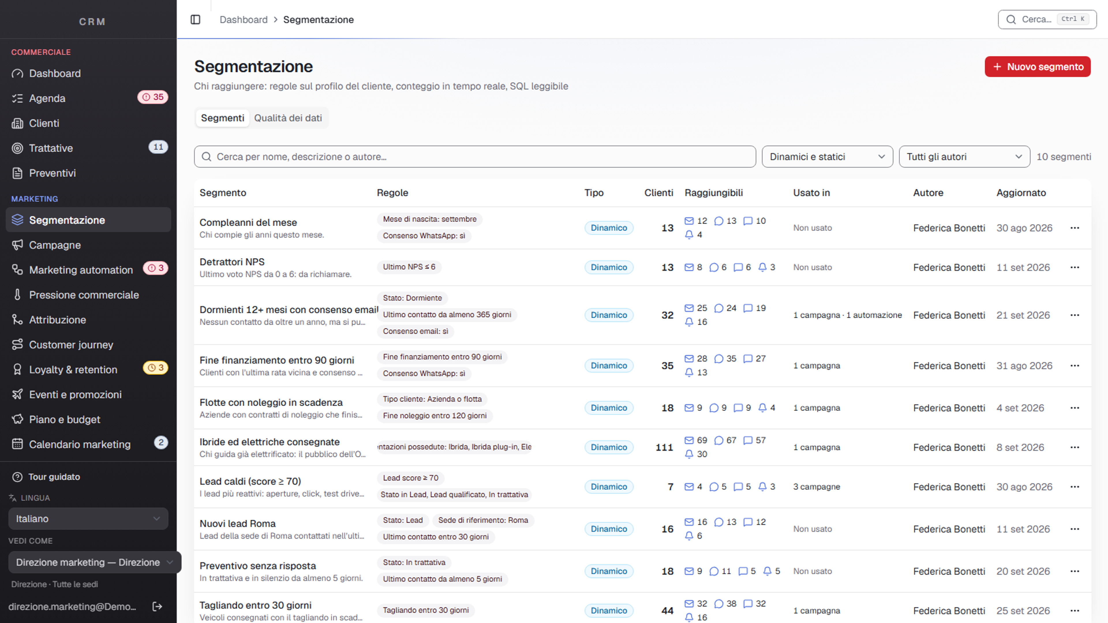 Customer segmentation with rules, live counts and reachable channels