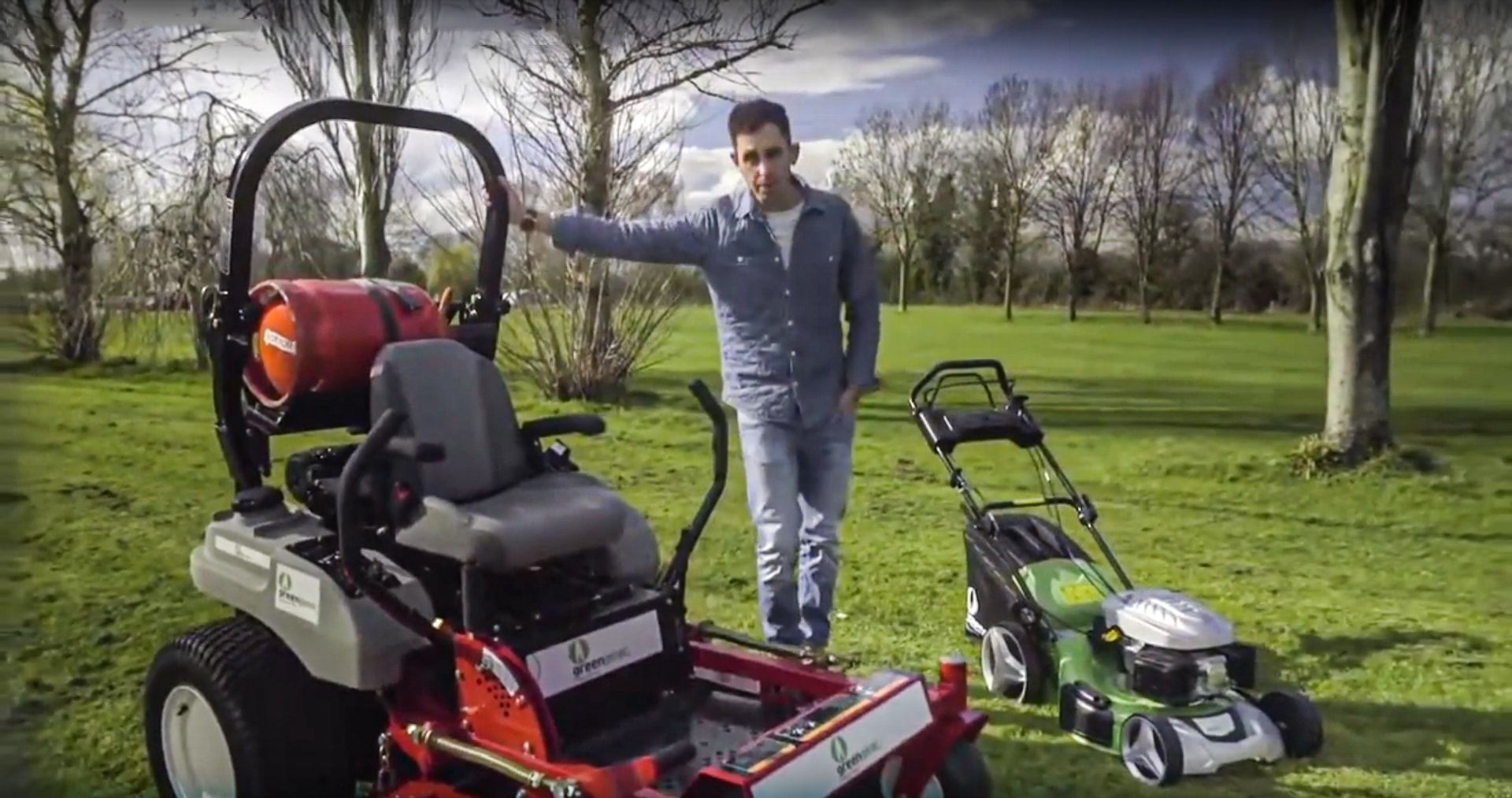 Green Gear product photo: LPG-powered ride-on mower and lawnmower in a garden, with the gas cylinder