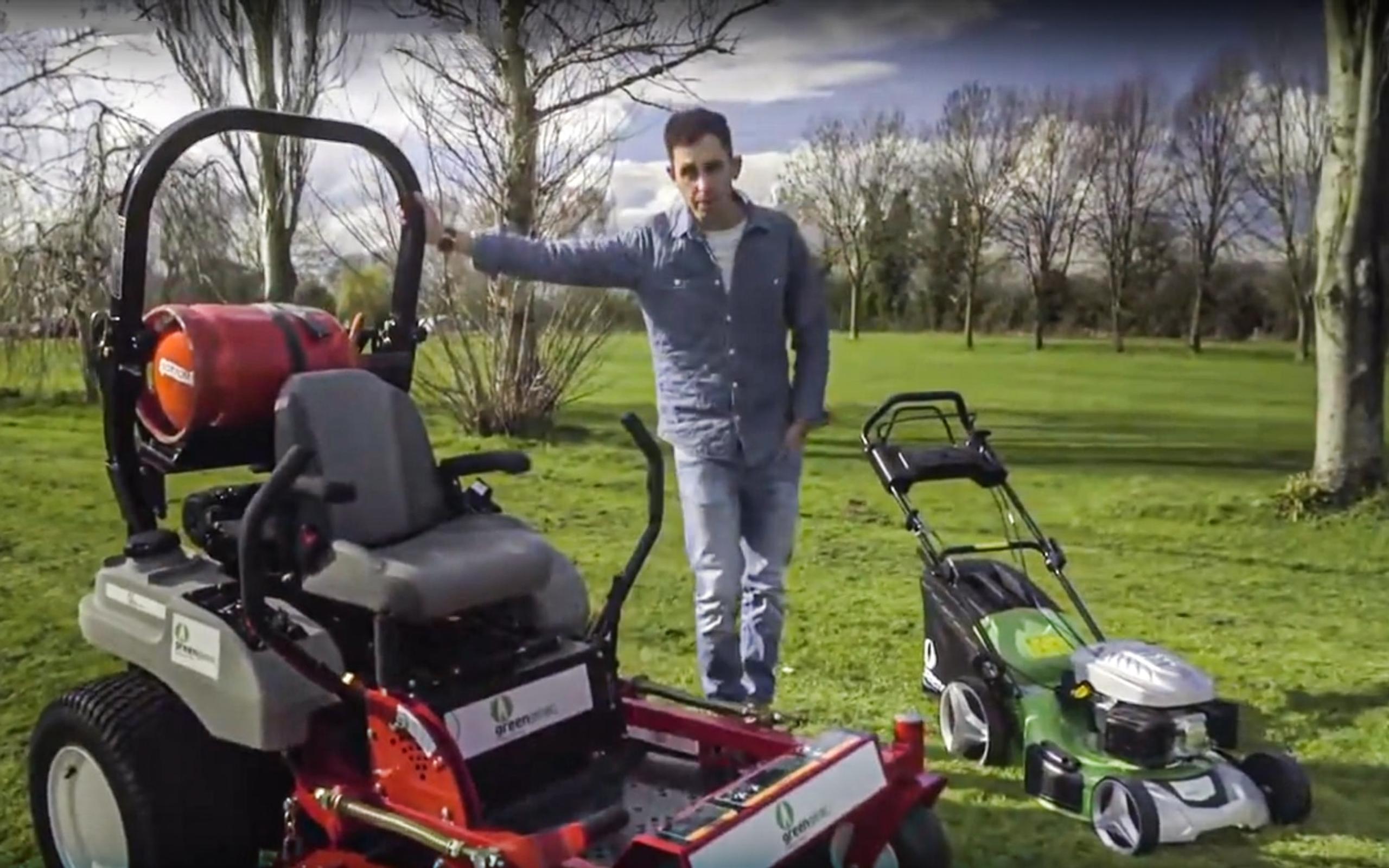 Green Gear product photo: LPG-powered ride-on mower and lawnmower in a garden, with the gas cylinder