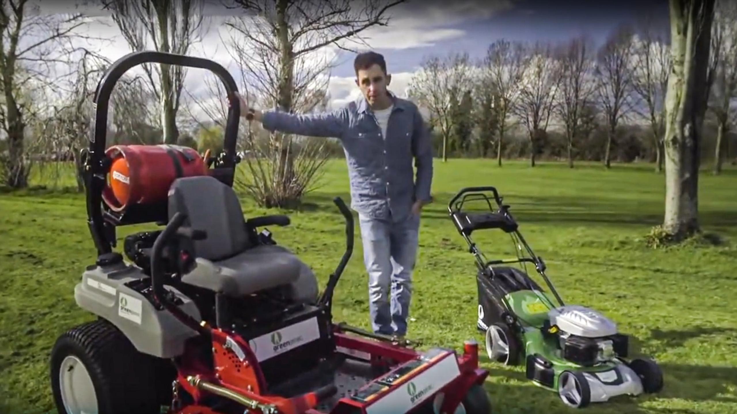 Green Gear product photo: LPG-powered ride-on mower and lawnmower in a garden, with the gas cylinder