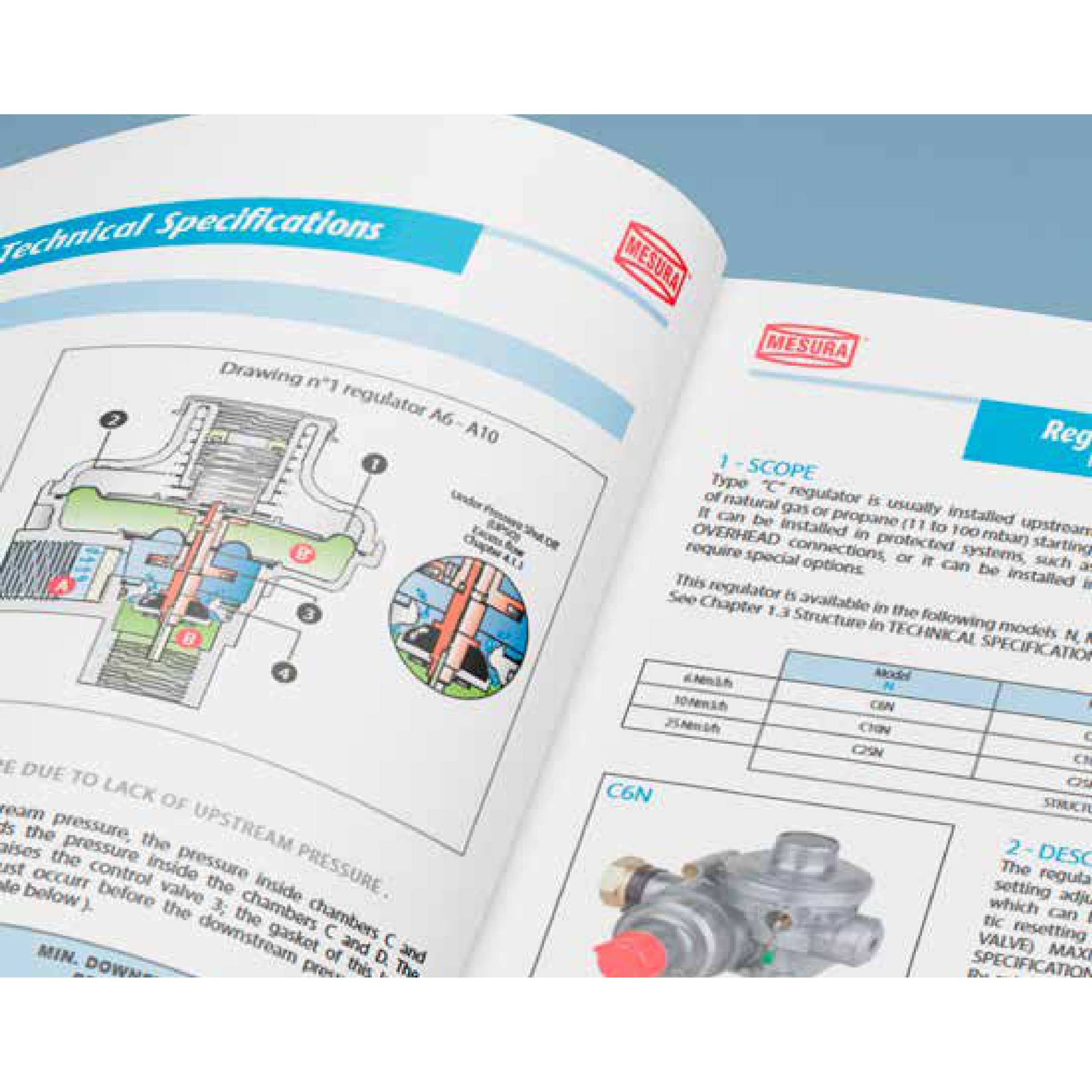 Technical specification pages of a product catalogue, with drawings and tables
