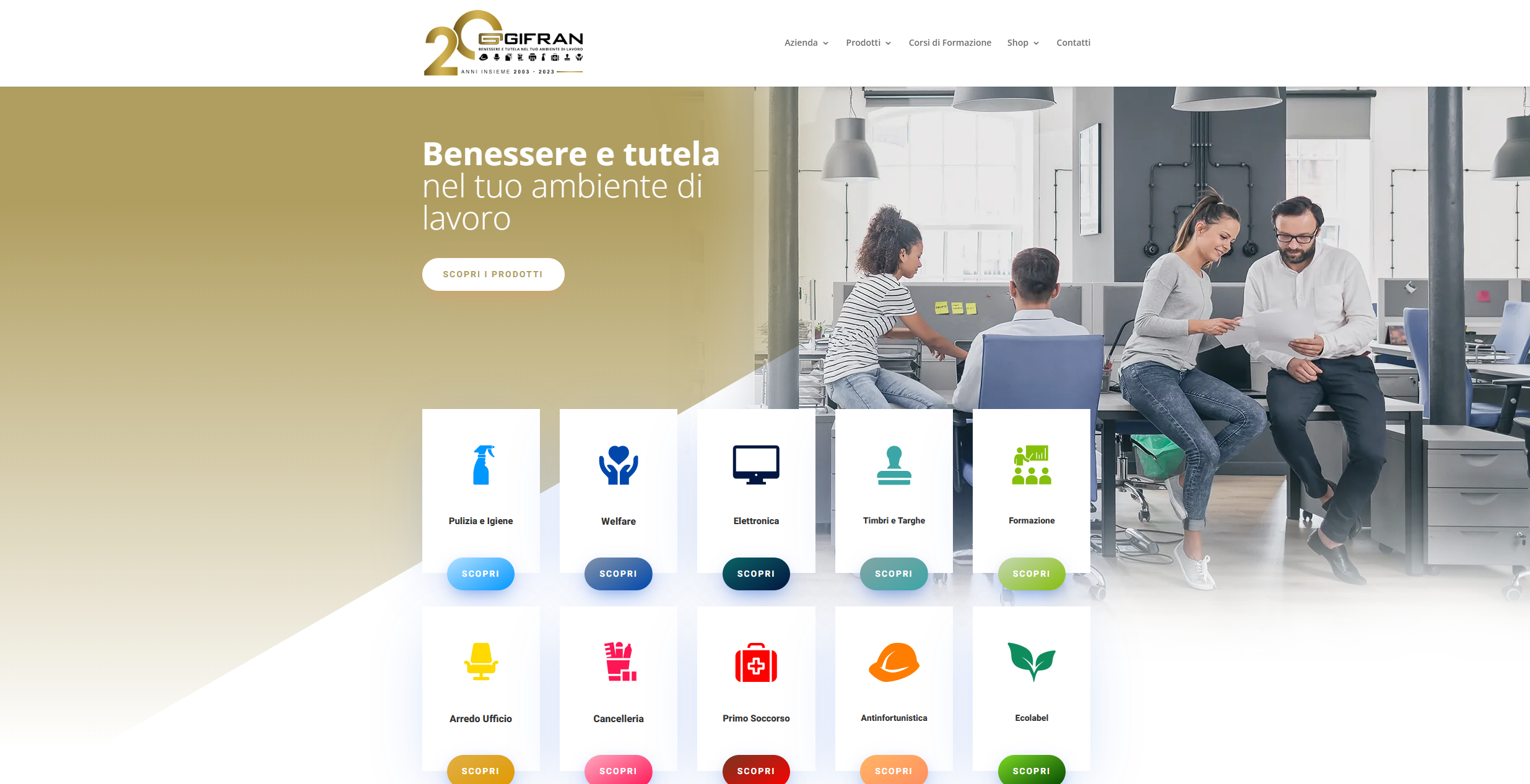 Homepage of the new Gifran ecommerce site with workplace product categories