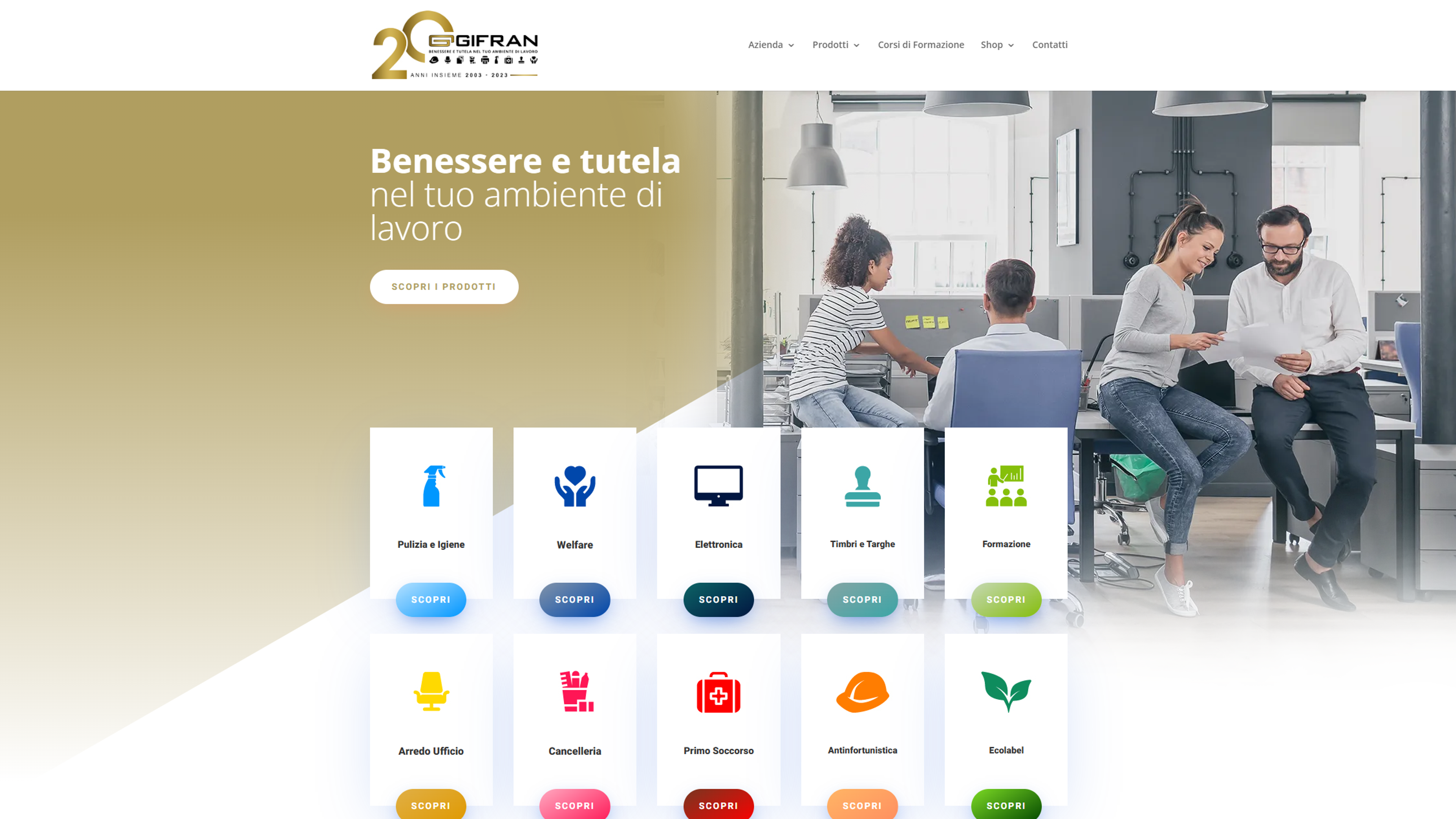 Homepage of the new Gifran ecommerce site with workplace product categories