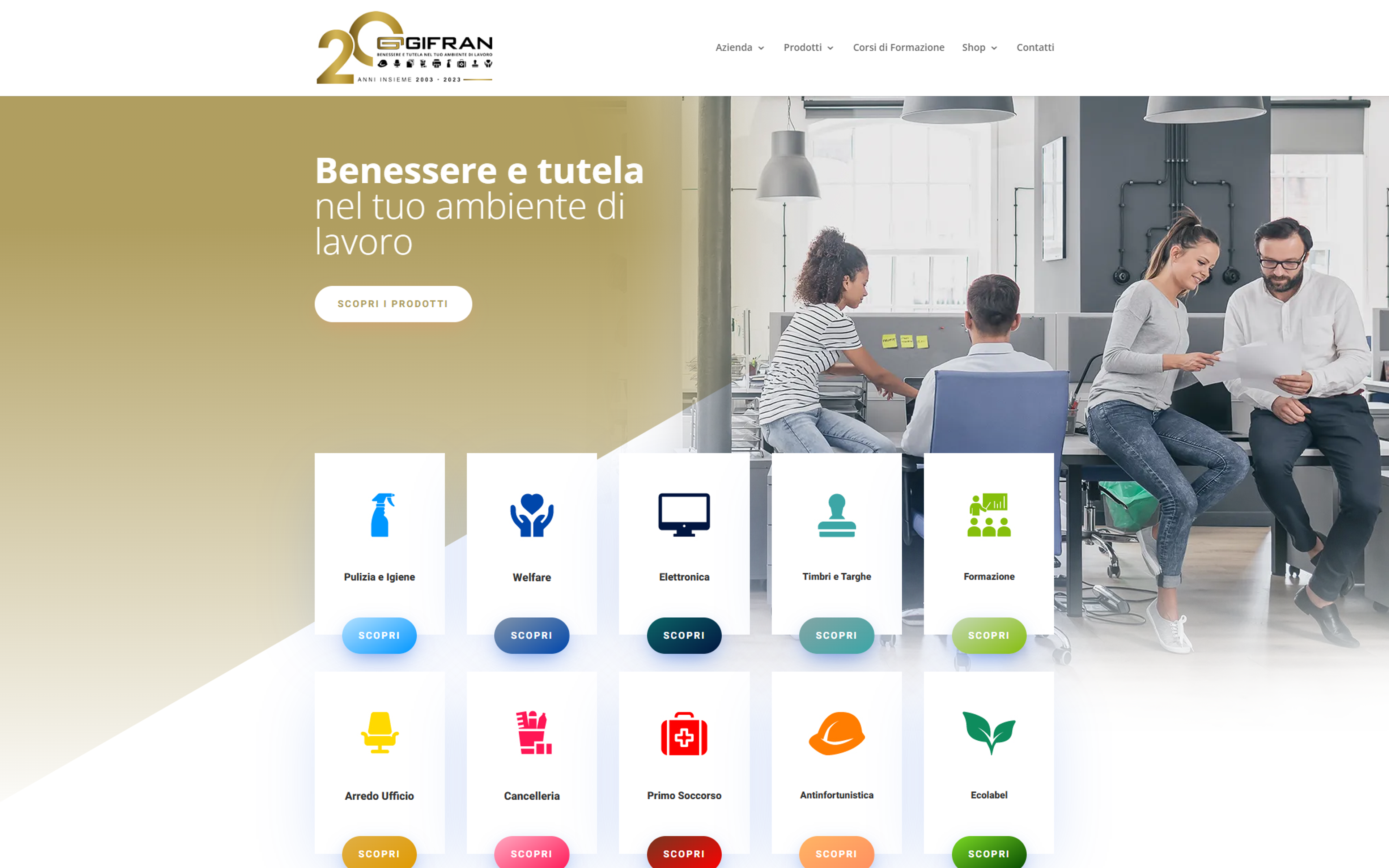 Homepage of the new Gifran ecommerce site with workplace product categories