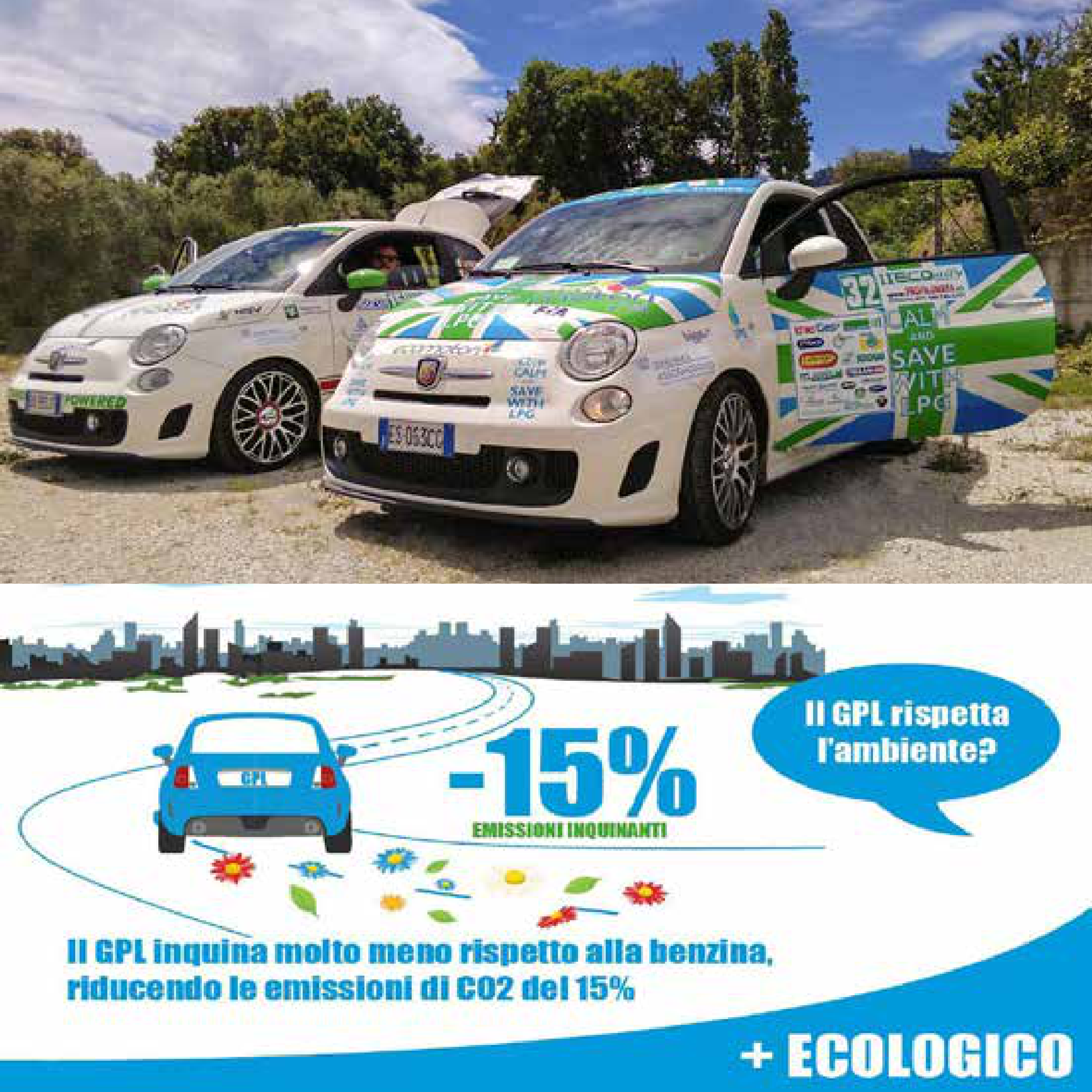 Rally cars in the LPG campaign livery and an infographic on 15% lower emissions