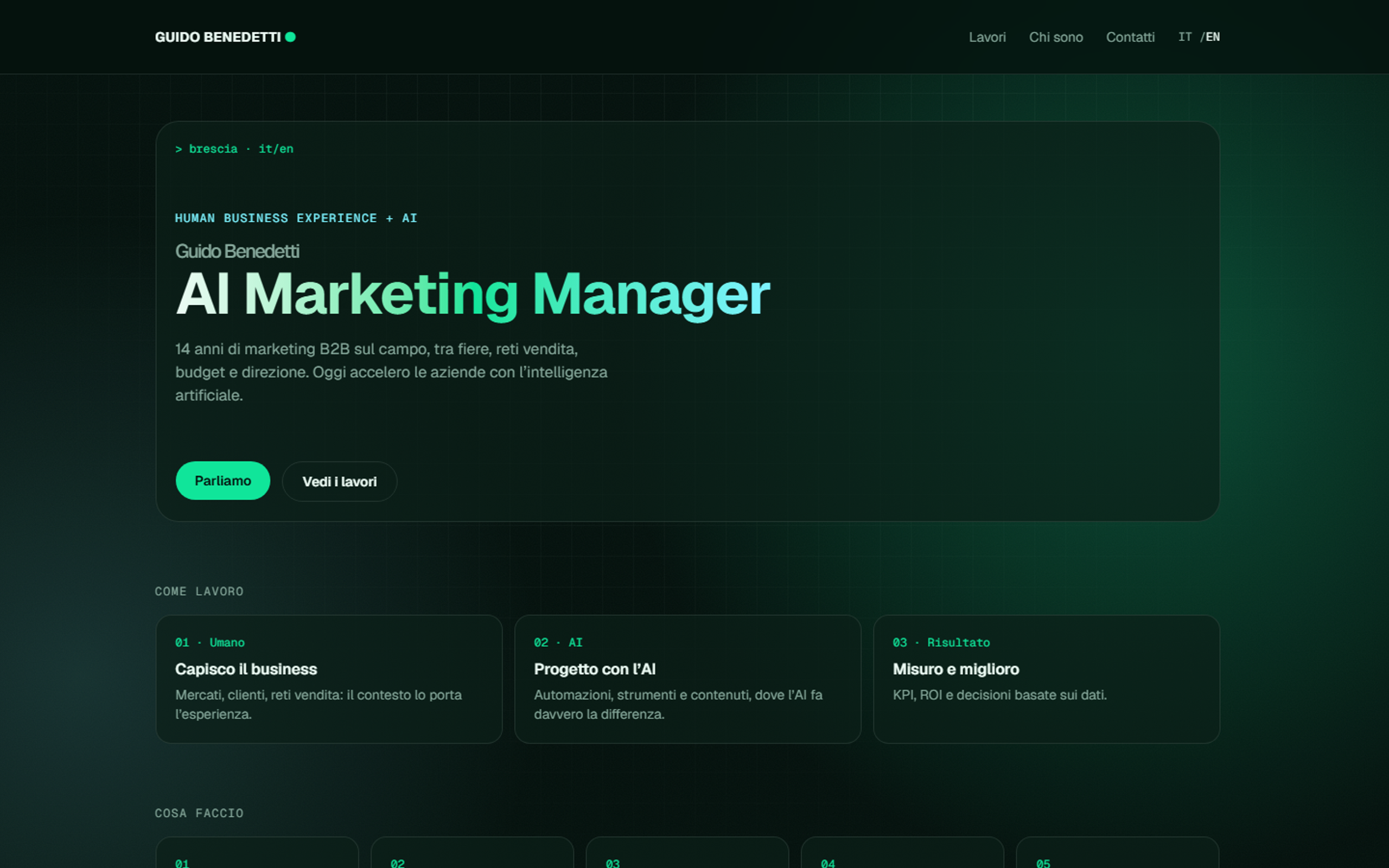 Homepage del portfolio di Guido Benedetti con il claim Human Business Experience + AI e la sezione Come lavoro