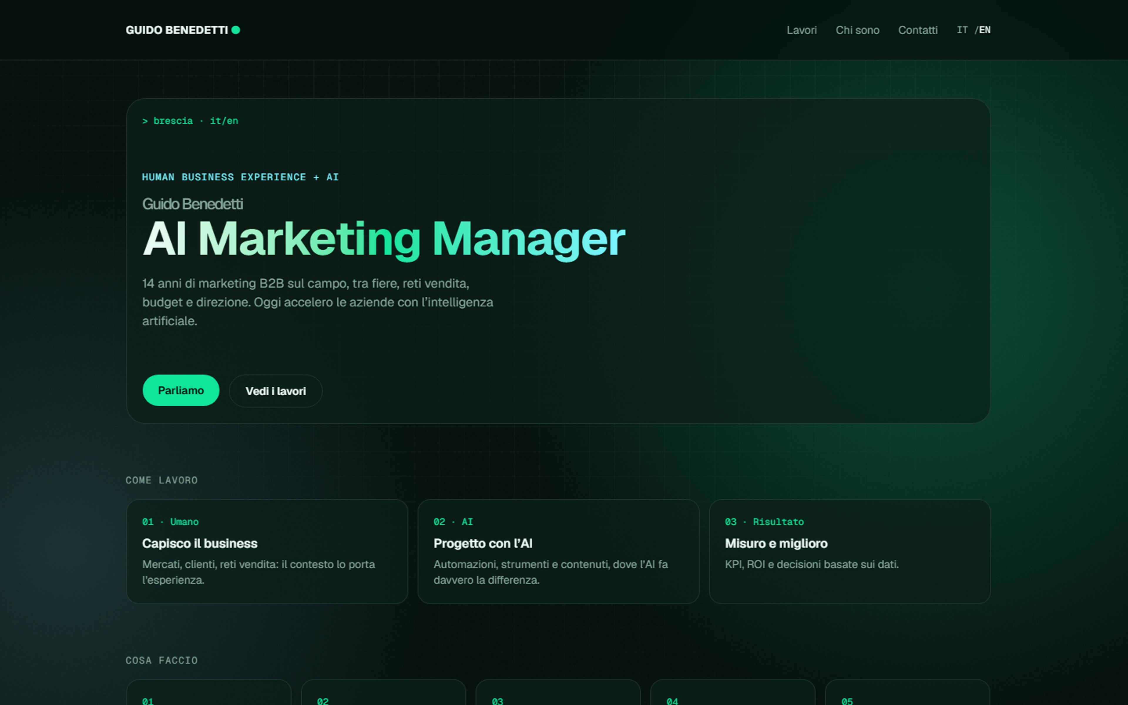 Guido Benedetti’s portfolio homepage with the Human Business Experience + AI claim and the How I work section