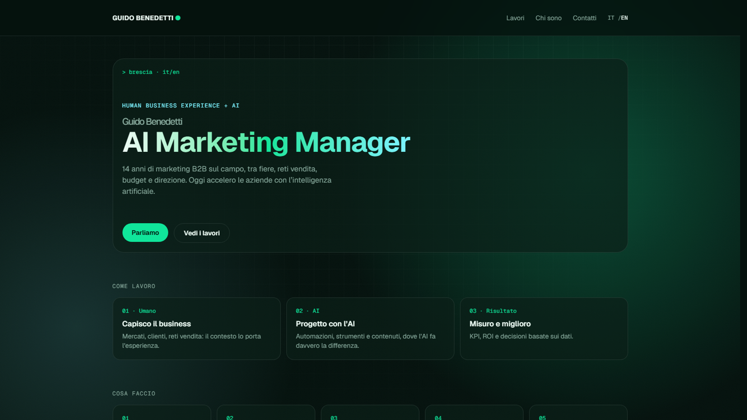 Homepage del portfolio di Guido Benedetti con il claim Human Business Experience + AI e la sezione Come lavoro