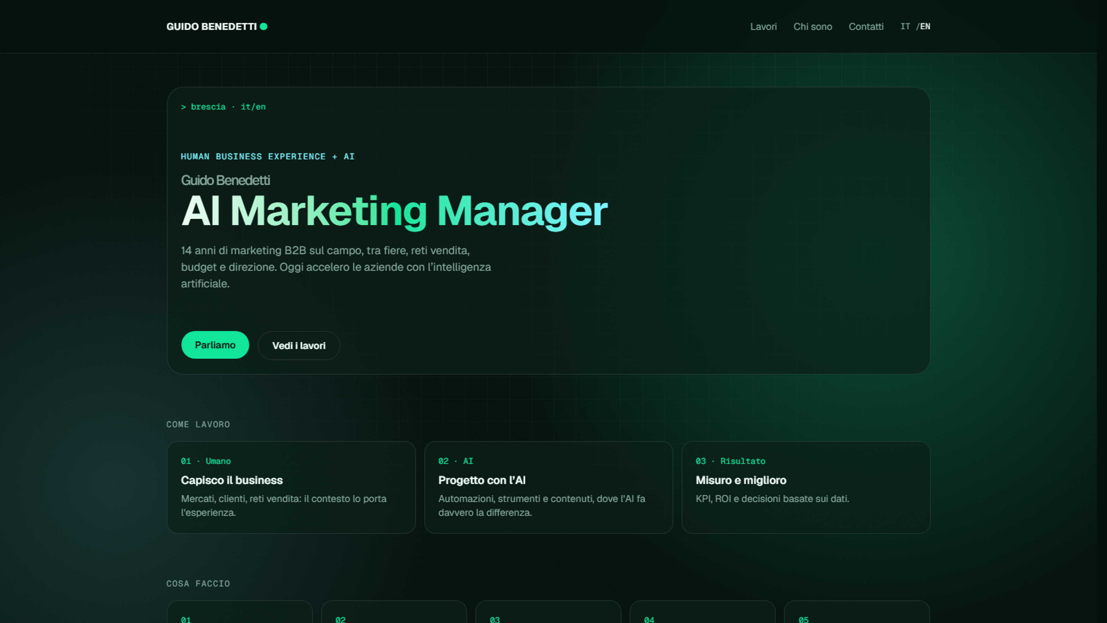 Guido Benedetti’s portfolio homepage with the Human Business Experience + AI claim and the How I work section