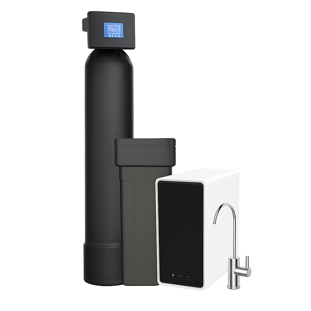 HW Complete Home System: softener tank with brine tank and HW800 AlkaPro under-sink RO + dedicated chrome faucet