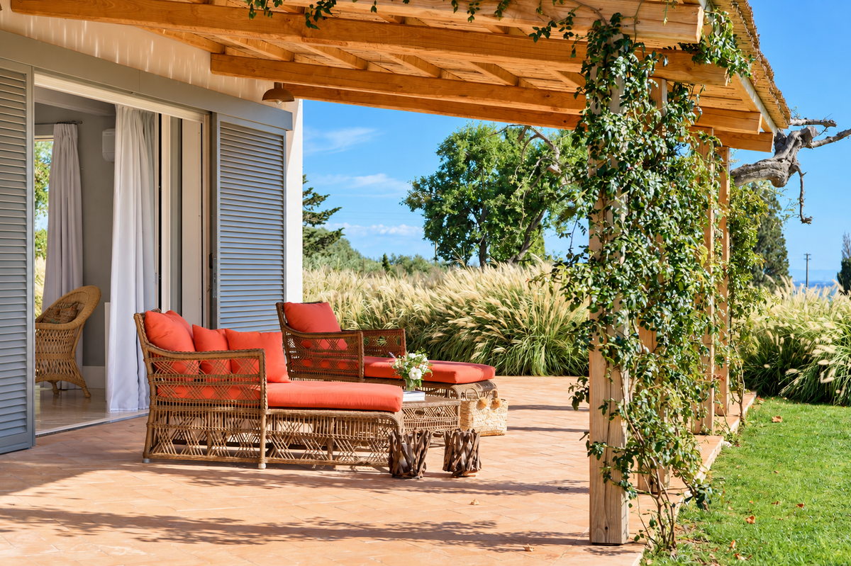 Terrace with a wicker sofa under a vine-covered pergola