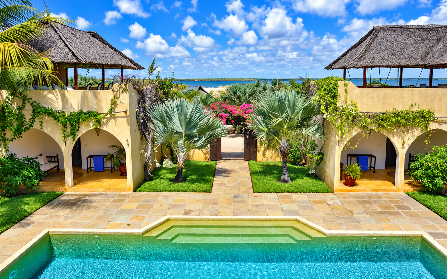 Kizingoni Beach Villas on Lamu, an arched Swahili courtyard with a pool and the ocean beyond
