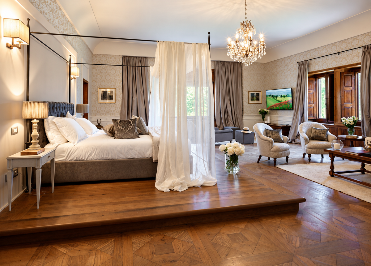 Monsignore's Suite with a four-poster bed on a raised floor and a sitting area
