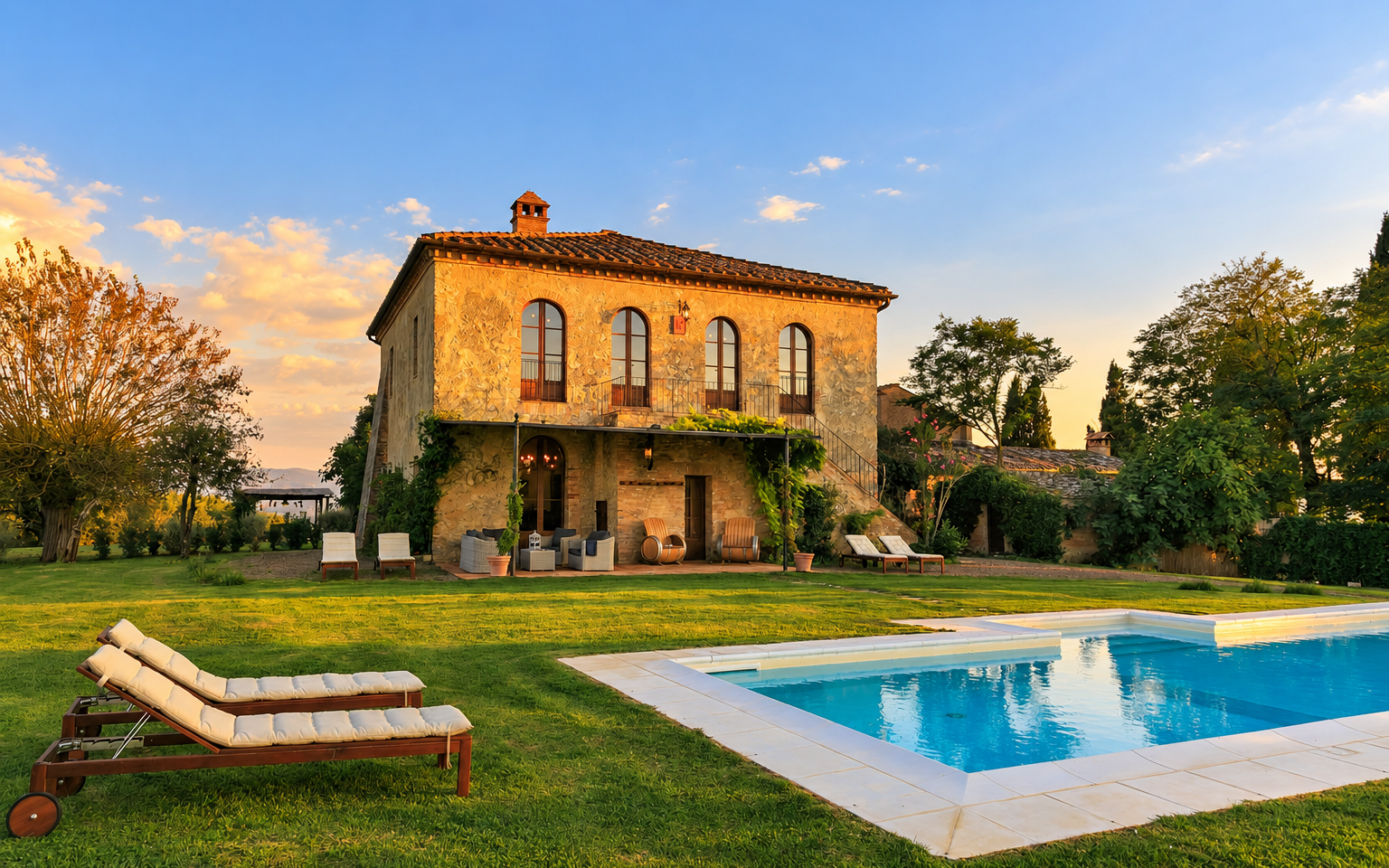 Il Fienile di Montesoli, a stone farmhouse in Tuscany, at golden hour beyond its pool