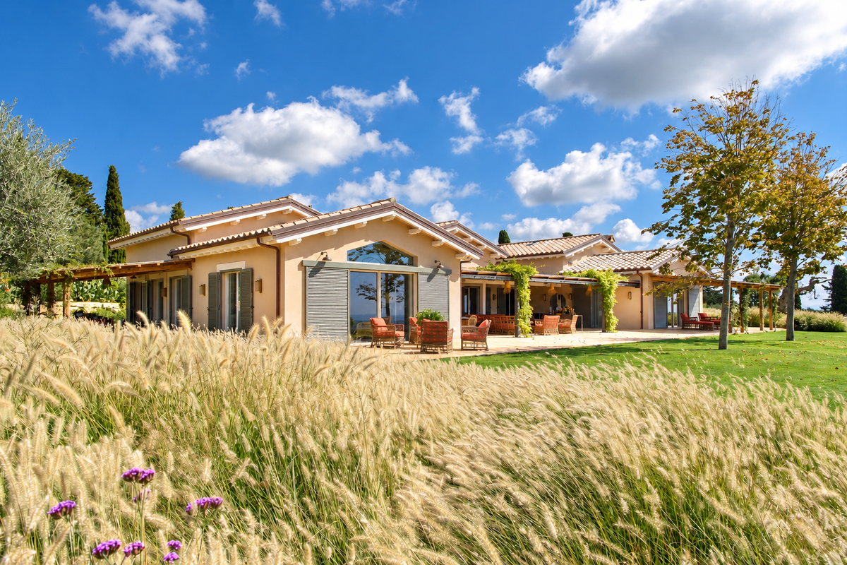 Villa Sofia, a low ochre house among ornamental grasses under a blue sky