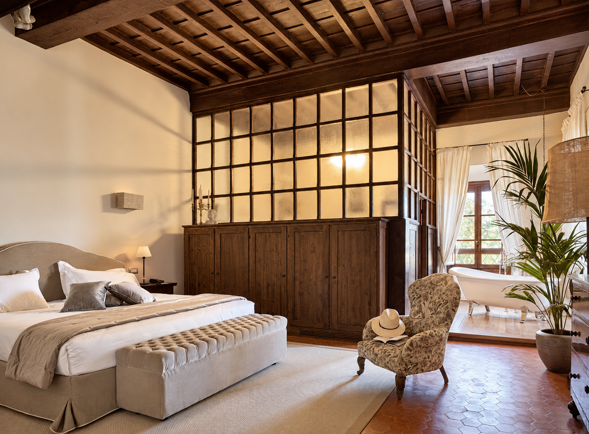 Tornabuoni Suite with a coffered ceiling and a bath beyond a glass screen