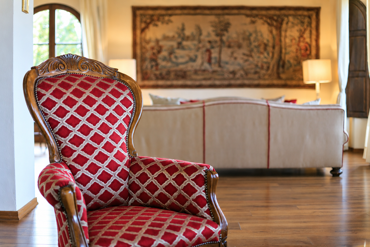 Antique red armchair before a tapestry