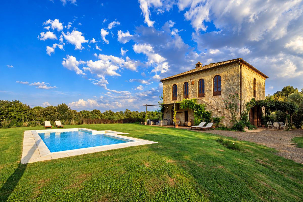 The sunlit villa and pool
