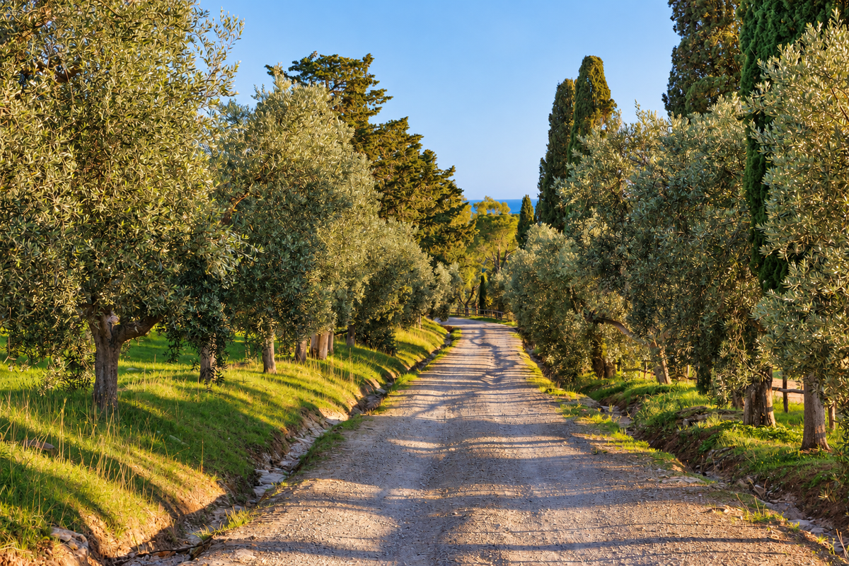 Gravel drive between olive trees and cypresses