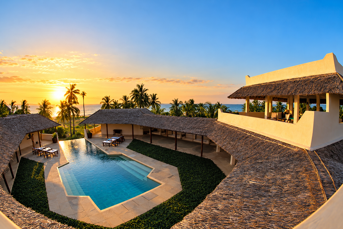 Pool courtyard and rooftop terrace at dusk