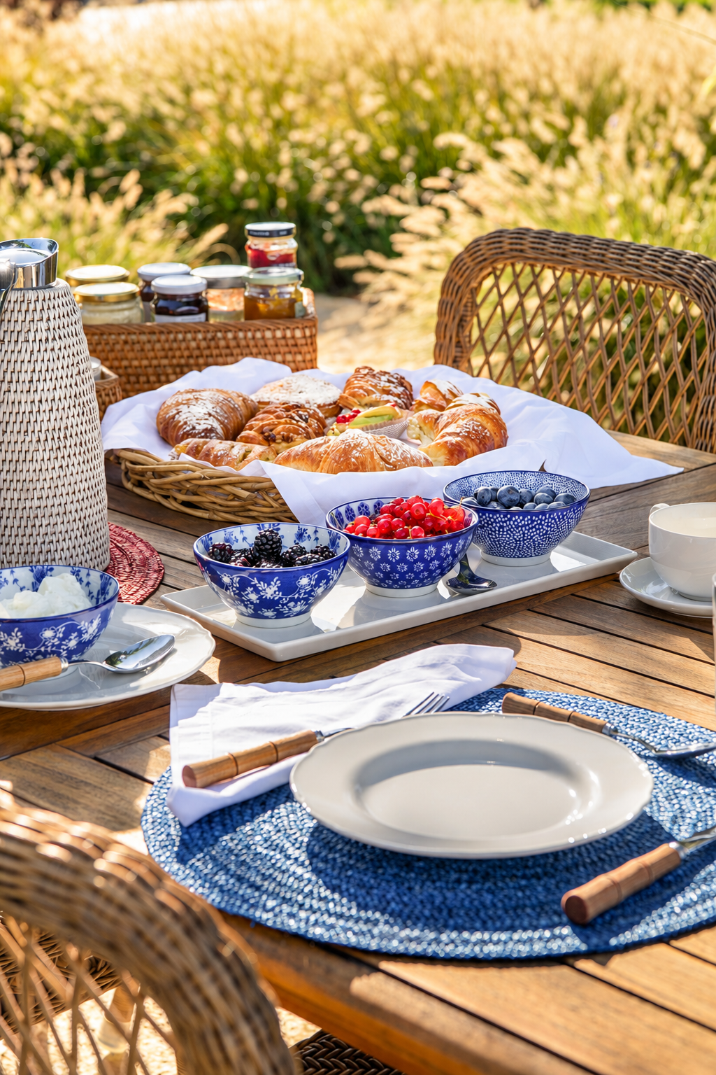 Breakfast with croissants and berries on a table outdoors