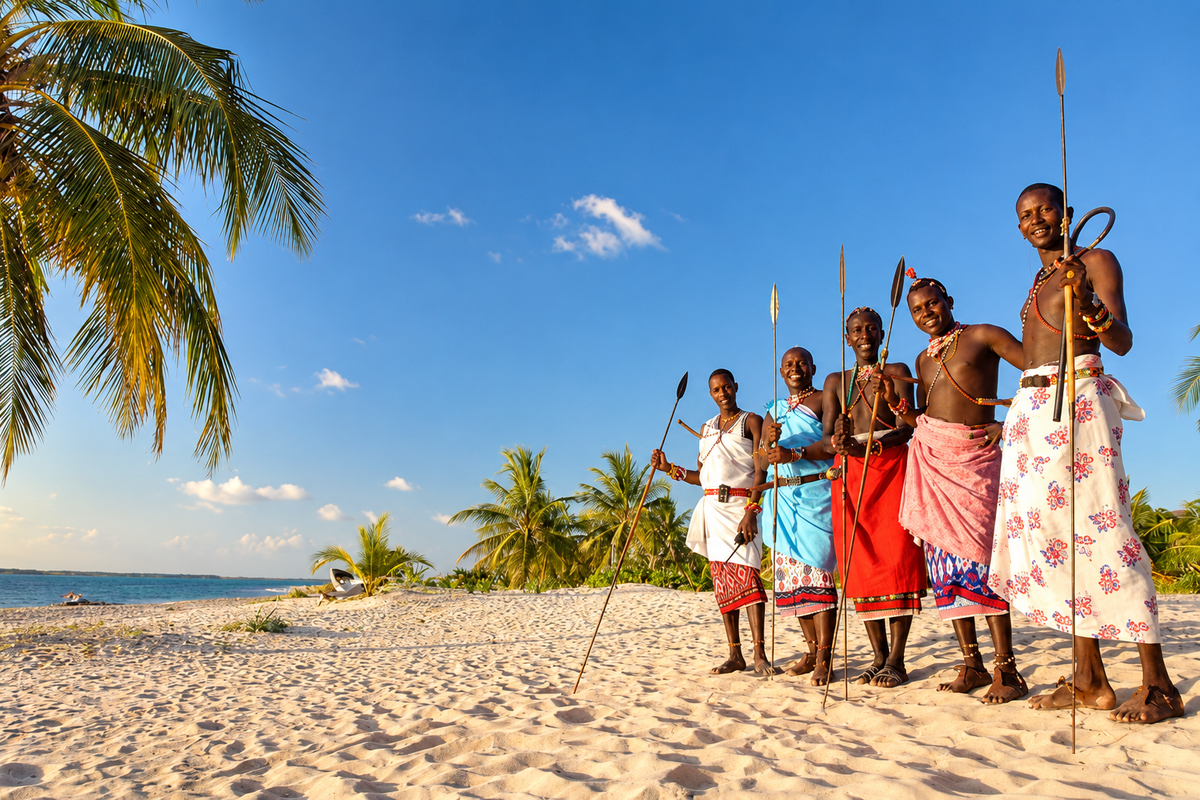 Maasai dancers welcoming guests on the beach