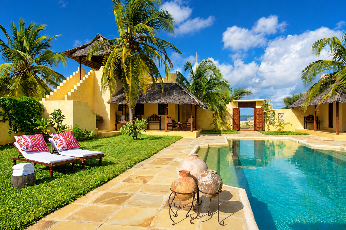 Tropical garden pool with clay jars and loungers