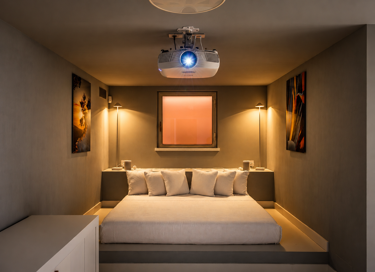 Cinema room with a projector and a wide daybed