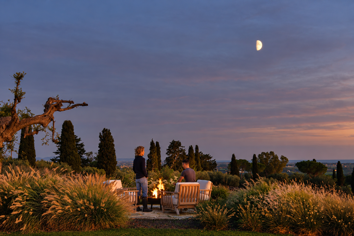 Fire pit in the garden at dusk, under a crescent moon
