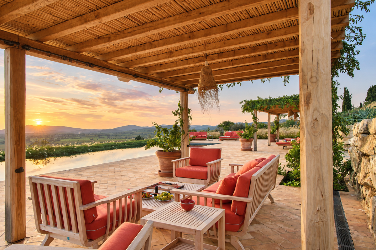 Covered lounge with red cushions at sunset, the pool and the hills beyond