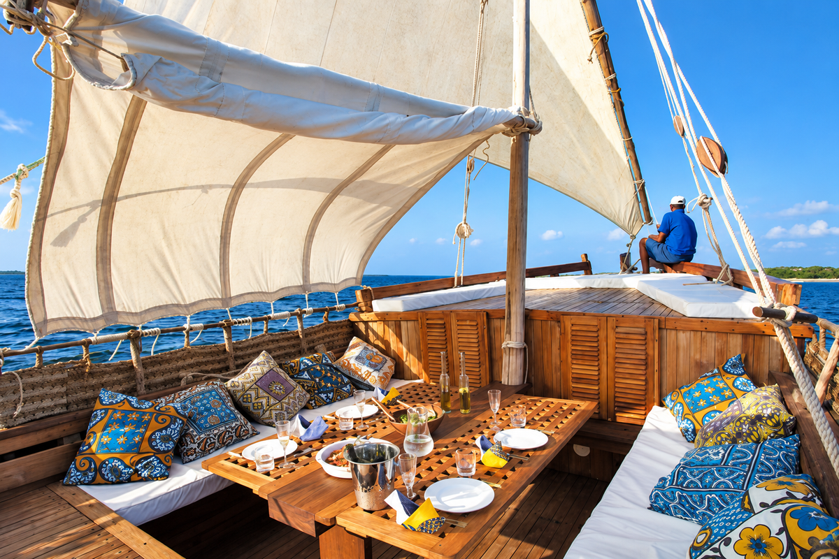 Dining on board a dhow with cushions under the sail