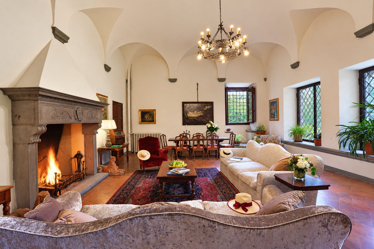 Vaulted living room with a lit stone fireplace, a chandelier and sofas