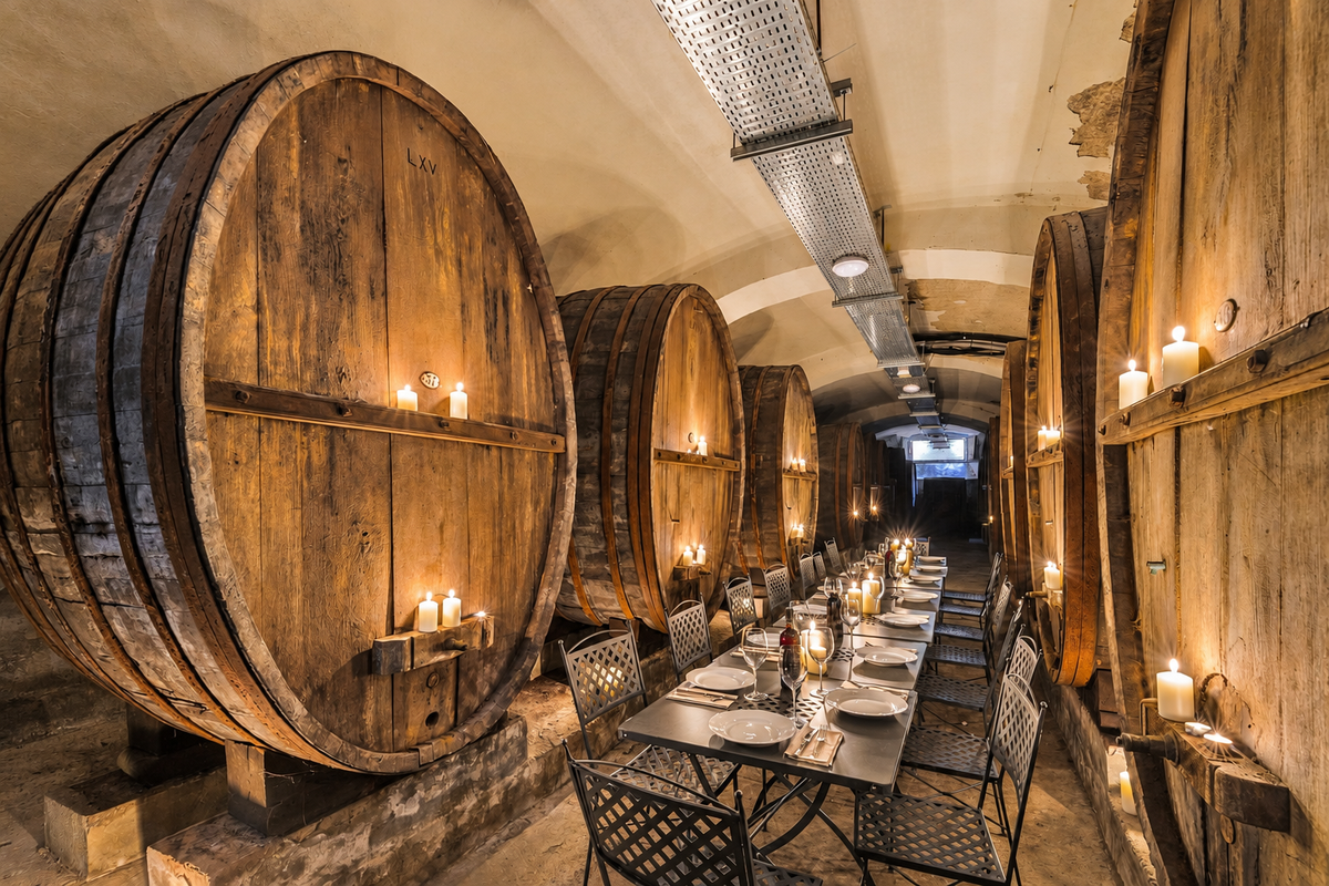 Long table lit by candles between old barrels in the wine cellar