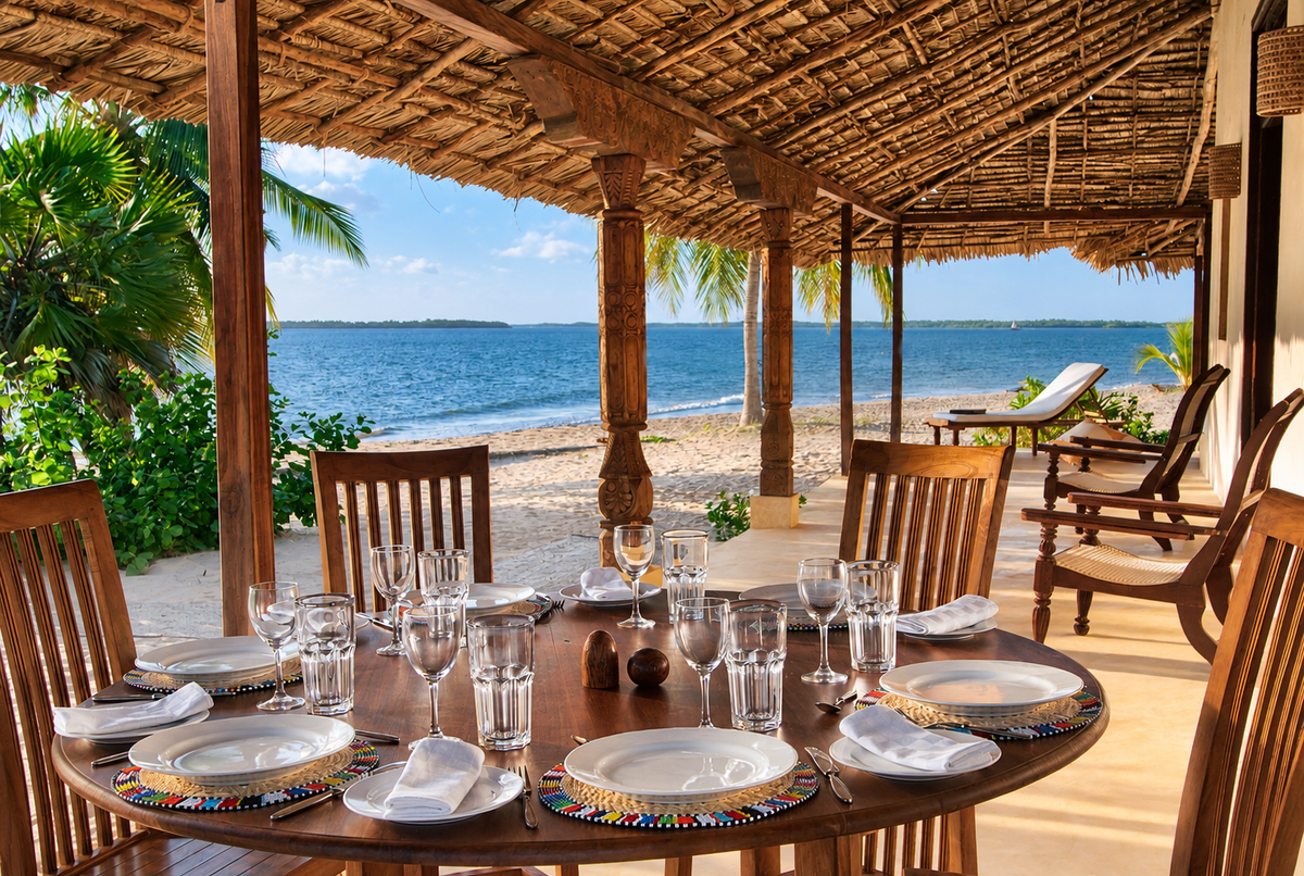 Table set on the veranda facing the beach