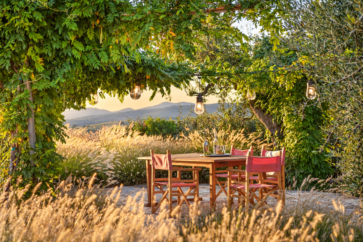 Table laid for dinner under a vine pergola at sunset, among wild grasses
