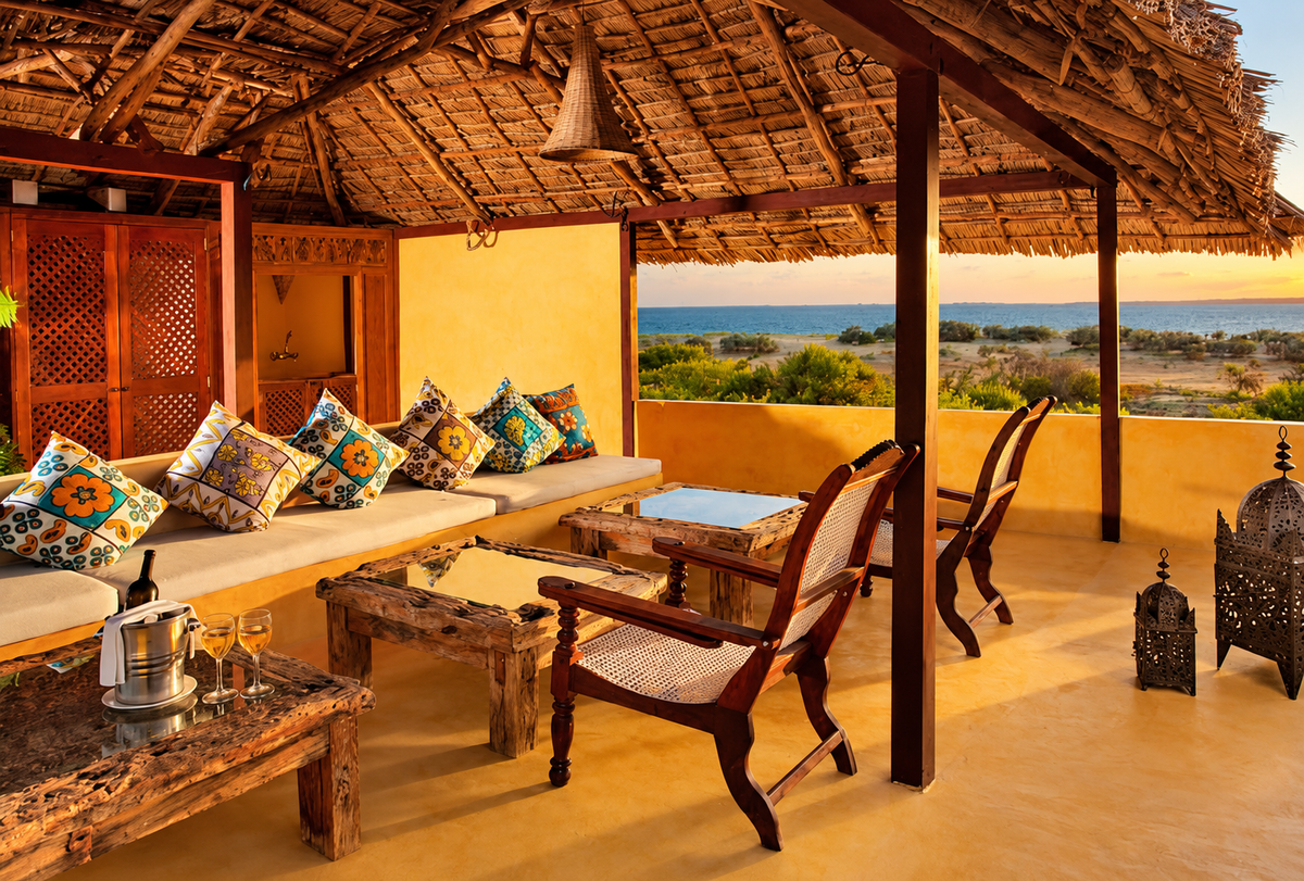 Thatched rooftop lounge with ocean views