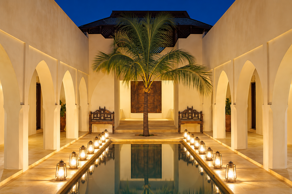 Candlelit courtyard pool between arches at night